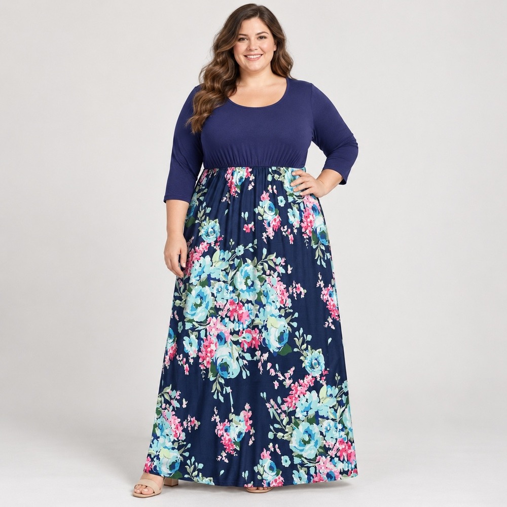 BlueTime Women's 2XL Navy Floral Maxi Dress 3/4 Sleeve Empire Waist NWT